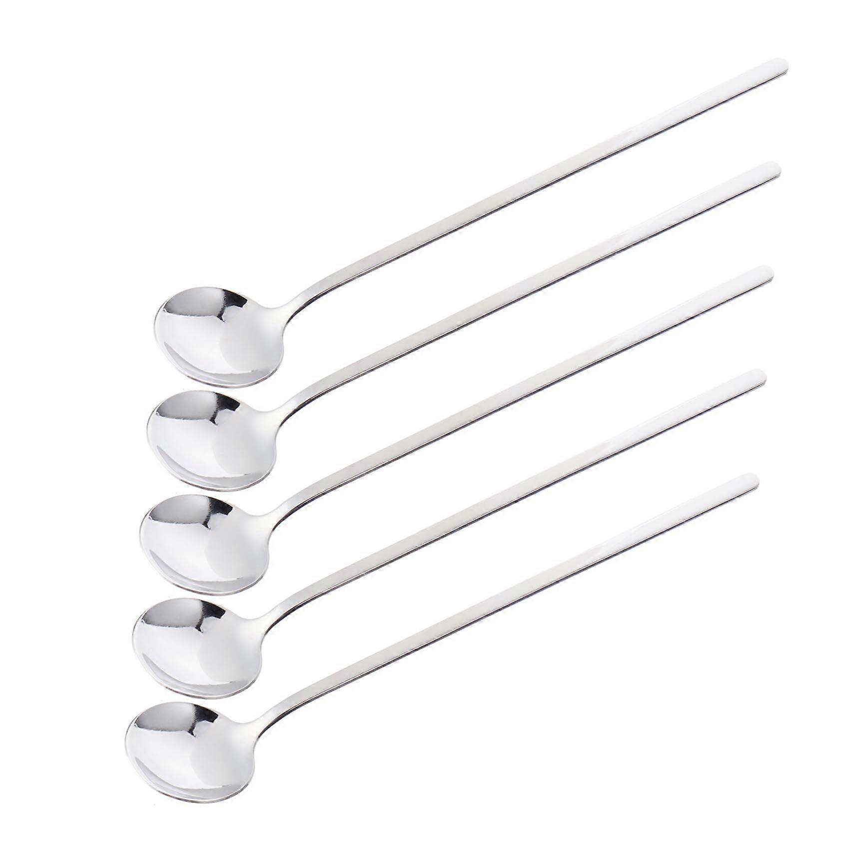 Round Stainless Steel Spoons with Long Handle, Rustproof Sugar, Cappuccino, Coffee, Cocktail, and Ice Cream Spoon Set of 5