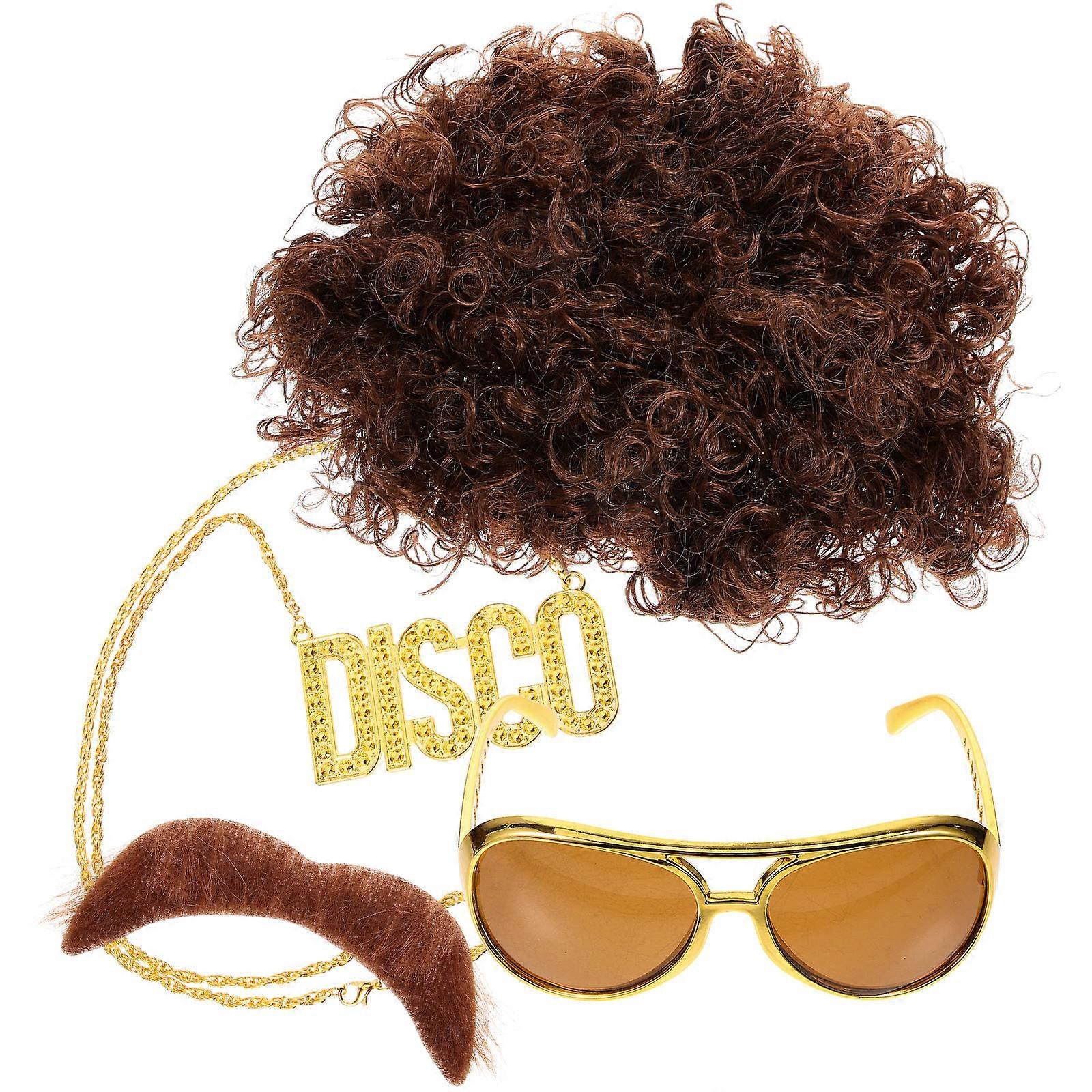 Disco Party Costume Accessories Set with Brown Wig, Oversized Sunglasses, and Gold Chain Necklace for Men – Lightweight and Comfortable for Role Play