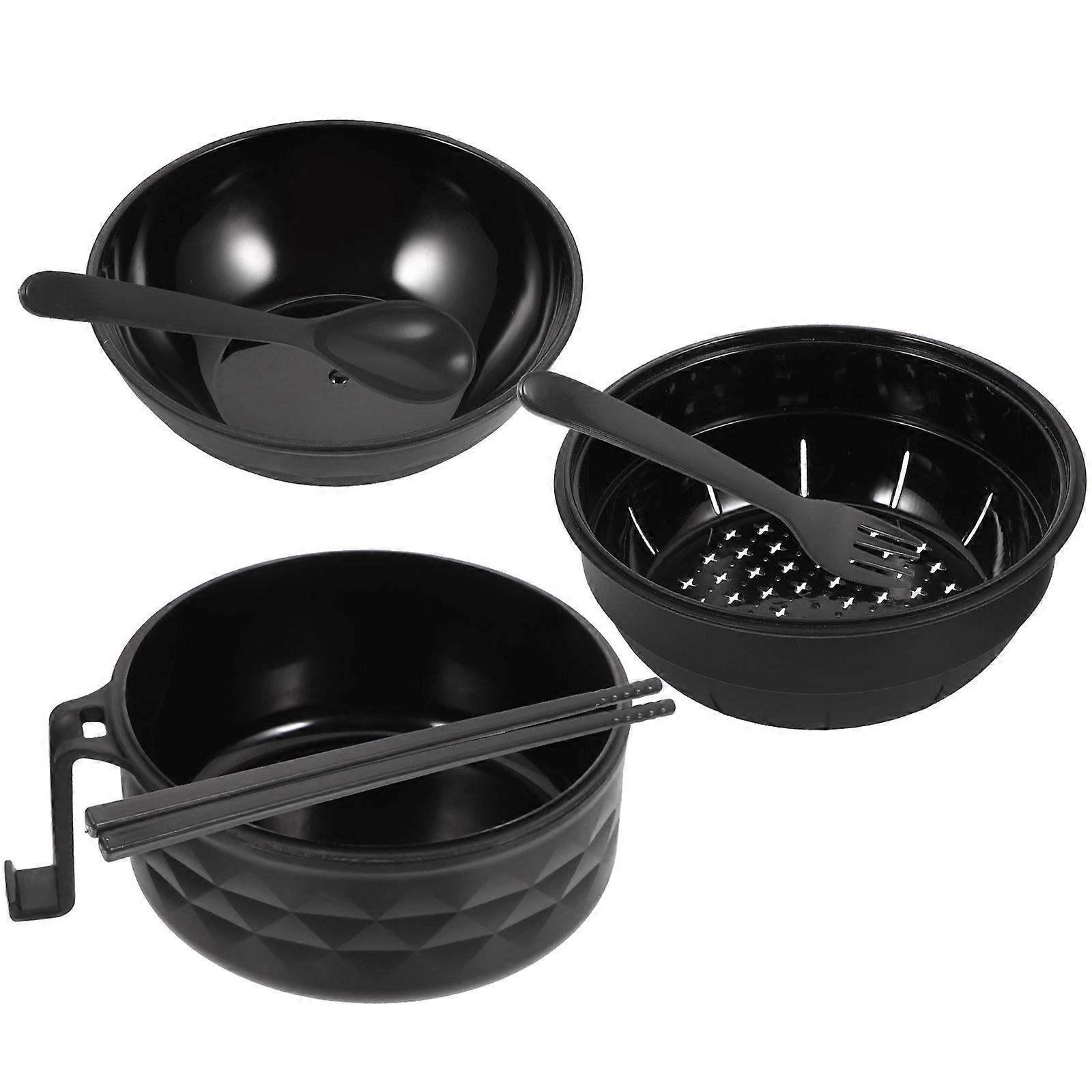 Black Rice Bowl with Cover and Tableware Set Made of Straw for Daily Use Round Smooth Easy to Clean