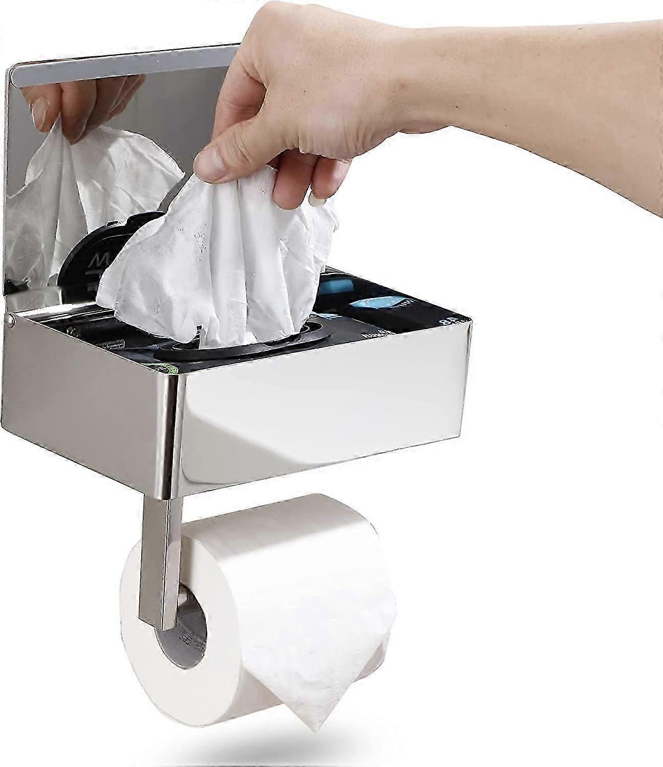 Toilet Paper Holder with Shelf - Flushable Wipes Dispenser & Storage Fits Any Bathroom, Keep Your Wet Wipes Hidden - Stainless Steel Wall Mount Bathro
