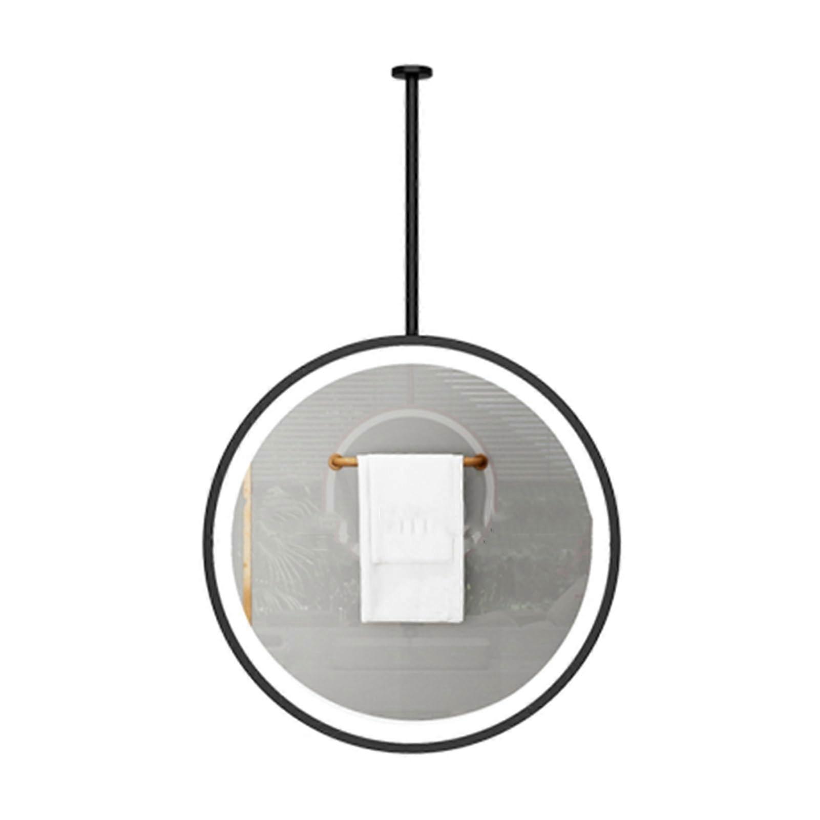Round Ceiling Suspended LED Mirror 50cm, Dimmable 3-Color Lighting, Floating Bathroom Vanity Mirror in Black for Shaving