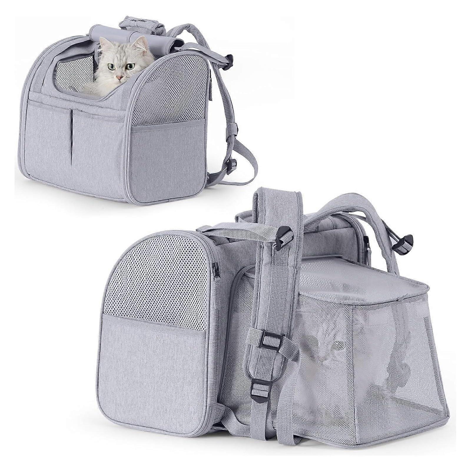 Large Cat Backpack Carrier - Expandable Pet Carrier with Breathable Mesh for Cats and Small Dogs, Gray, Portable for Travel and Hiking
