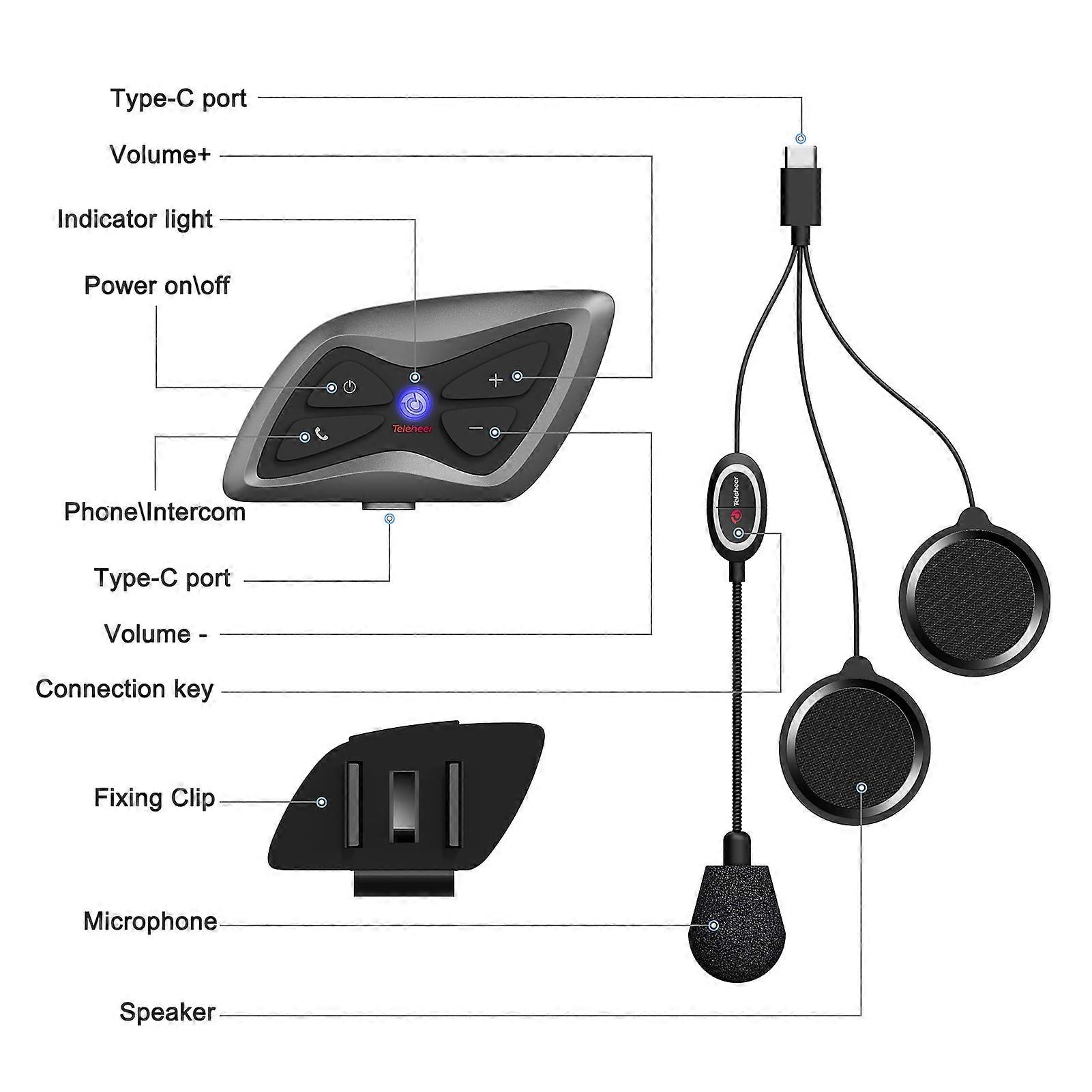 Teleheer T6 Plus Motorcycle Helmet Bluetooth Waterproof Headset\Intercom Full Duplex Real-time Intercom Support Multi-person Intercom