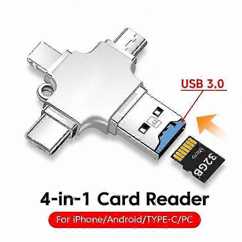4-in-1 USB OTG Card Reader Adapter for SD, TF, Micro, Type-C Devices Compatible with Android, Windows, Linux Systems