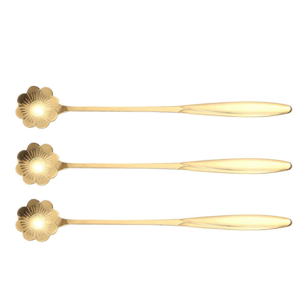Golden Stainless Steel Petal Shaped Stirring Spoons with Long Handle for Home Use 3 Pieces