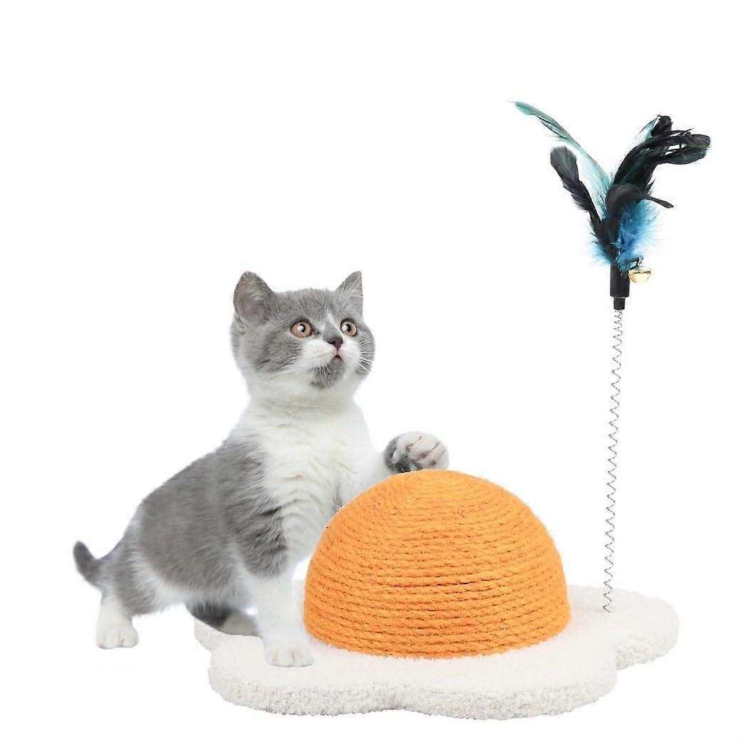 Interactive Cat Scratching Post Poached Egg Shaped Design Sisal Claw Ball 2 Feather Teasers For Cats