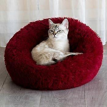 Anti Anxiety Round Fluffy Plush Faux Fur Warm Washable Dog Bed & Cat Bed, Original Bed For Small Medium Large Pets, Red