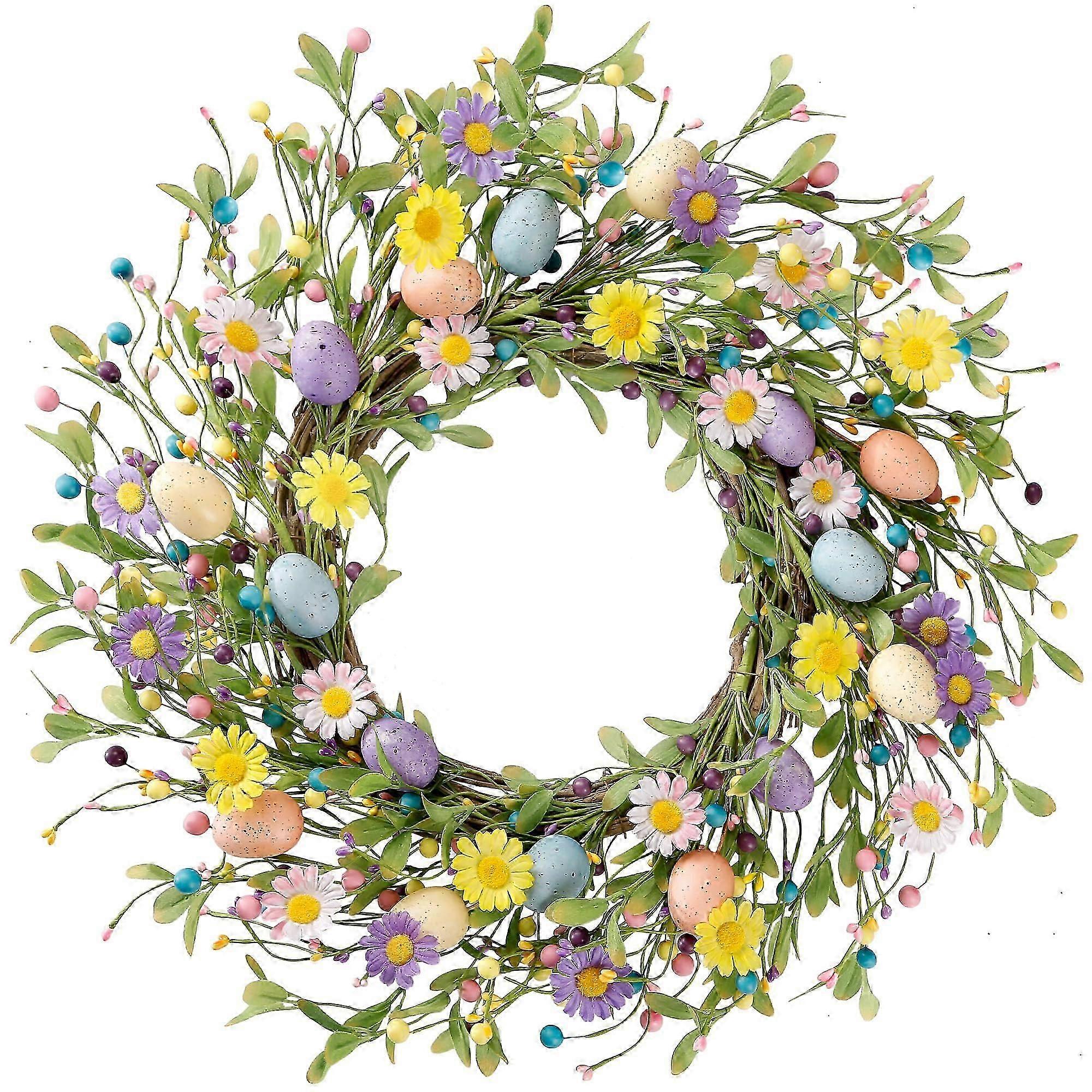 20-Inch Easter Wreath with Colorful Eggs, Daisies, Berries & Eucalyptus for Front Door Holiday Decor