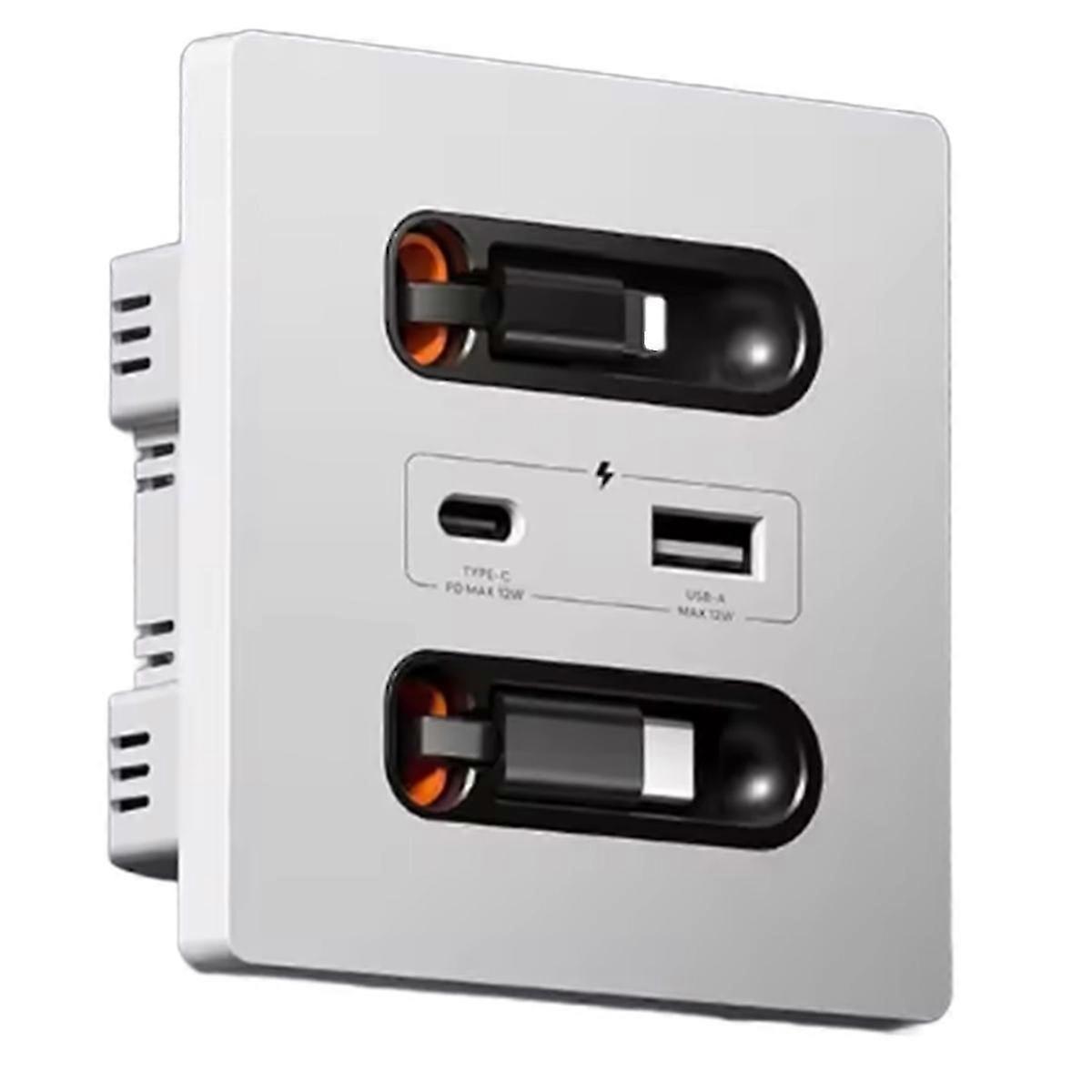 12w Universal Wall Panel Socket with Usb-A Usb-C Retractable Charging Cable ,Mobile Phone Tablet Charging Type C Outlet Edition 0927