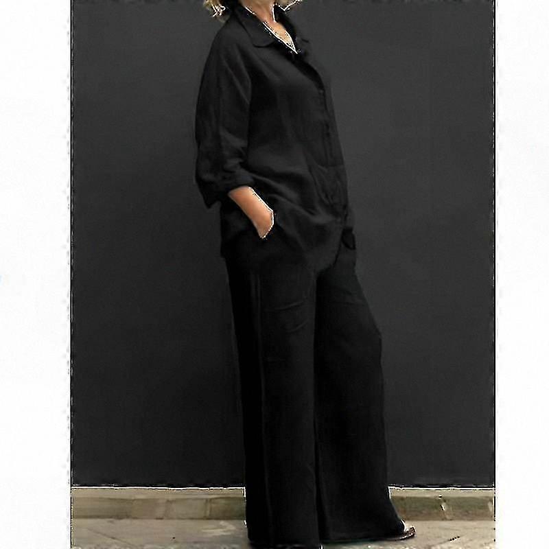 Naisten pitkähihainen toppi ja rento istuvuushousut: kaksiosainen pellavasekoiteasusetti