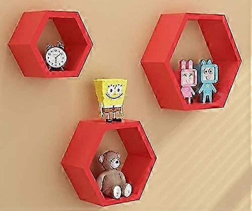 2025 Home Dcor Hexagonal Shape MDF (Medium Density Fiber) Fiber Wall Shelf, Living Room Decorative Self (Set of 3) (Red)