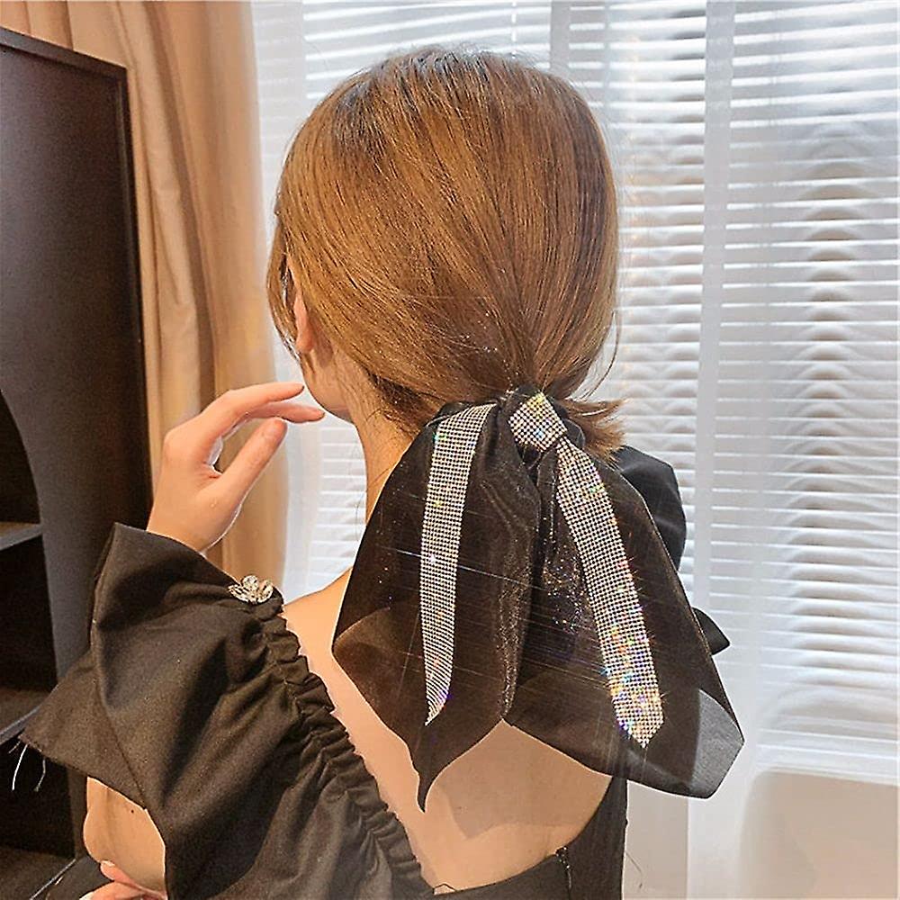 أنيقة حجر الراين الشريط القوس عقدة الشعر حبل مزاج Scrunchies الفاخرة الأمعاء الغليظة الشعر التعادل ذيل الحصان رئيس حبل مجوهرات (أسود)