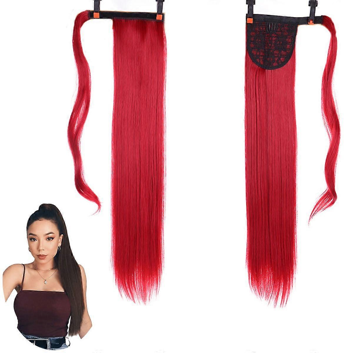 Red Hair Extensions Long Straight Ponytail Wrap Around With Magic Paste Synthetic Hairpiece Size L