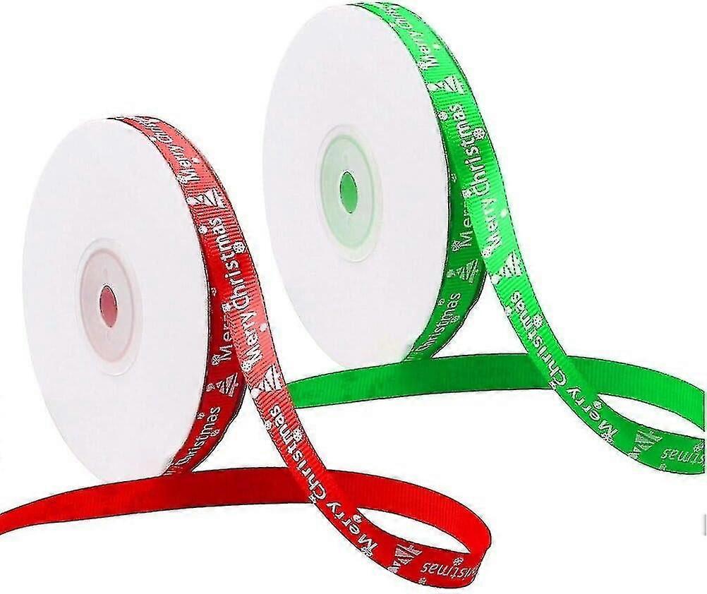 2 rolls of Christmas ribbon, gift wrapping ribbon with design for Christmas (green and red)