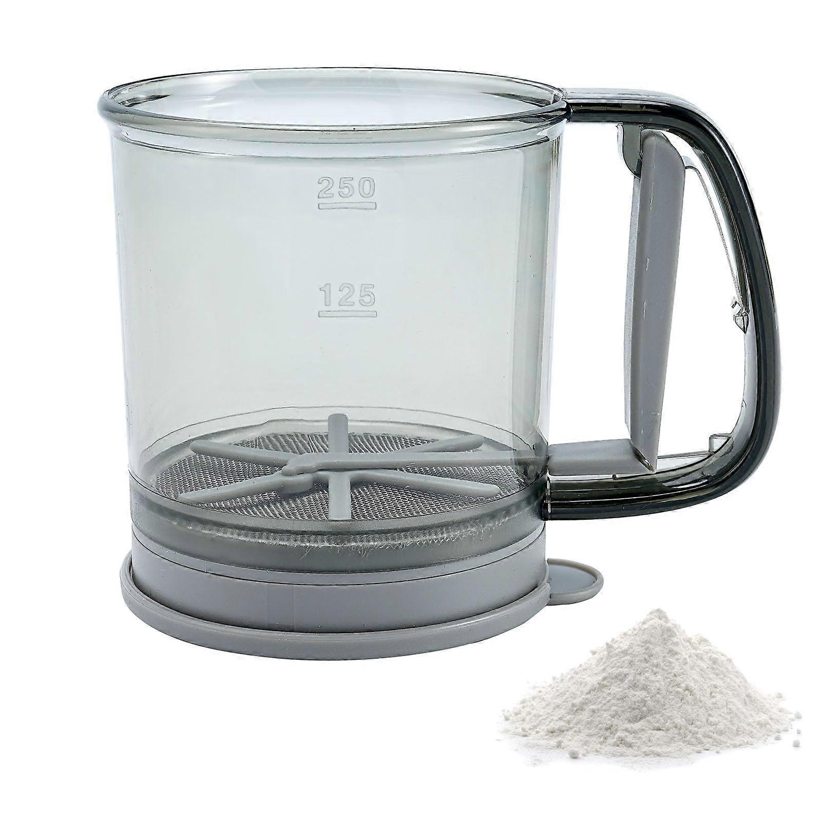 Flour Sifter Double Layer Fine Mesh with Tray, 1.5 Cup Plastic OneHand Press Strainer for Baking Cakes