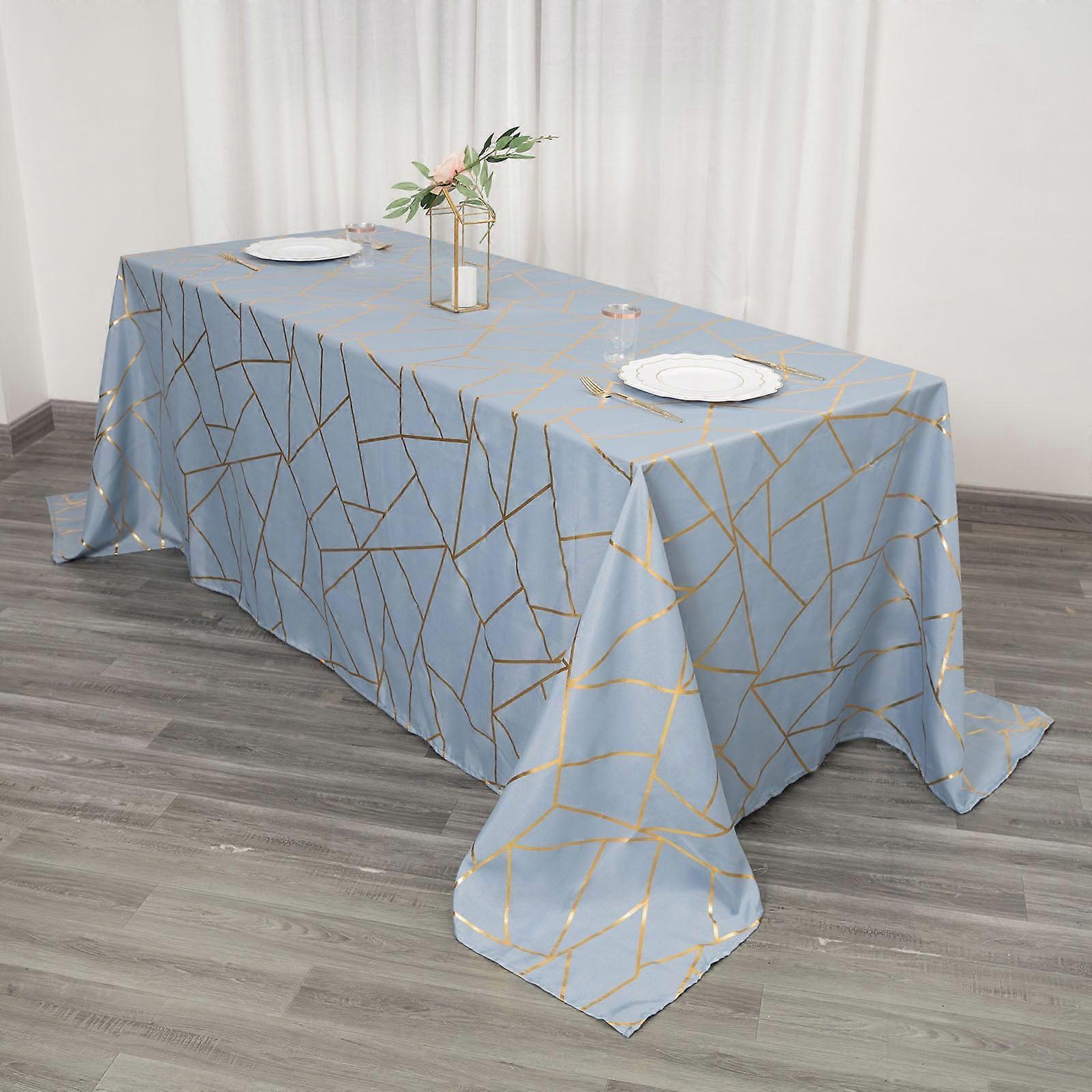 Efavormart 90"x132" Dusty Blue Rectangle Polyester Tablecloth With Gold Foil Geometric Pattern