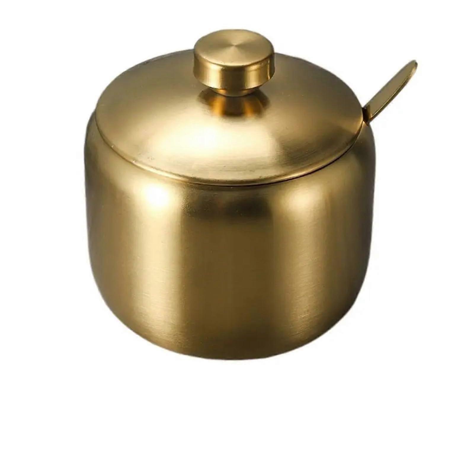 Stainless Steel Gold Sugar Bowl with Lid and Spoon, 430ml Large Capacity RustResistant Container
