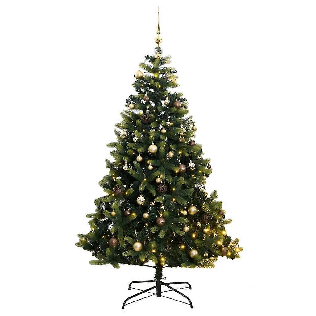 70.9 Inch Prelit Artificial Christmas Tree with 300 LED Lights, Hinged Branches and Ornaments, Green