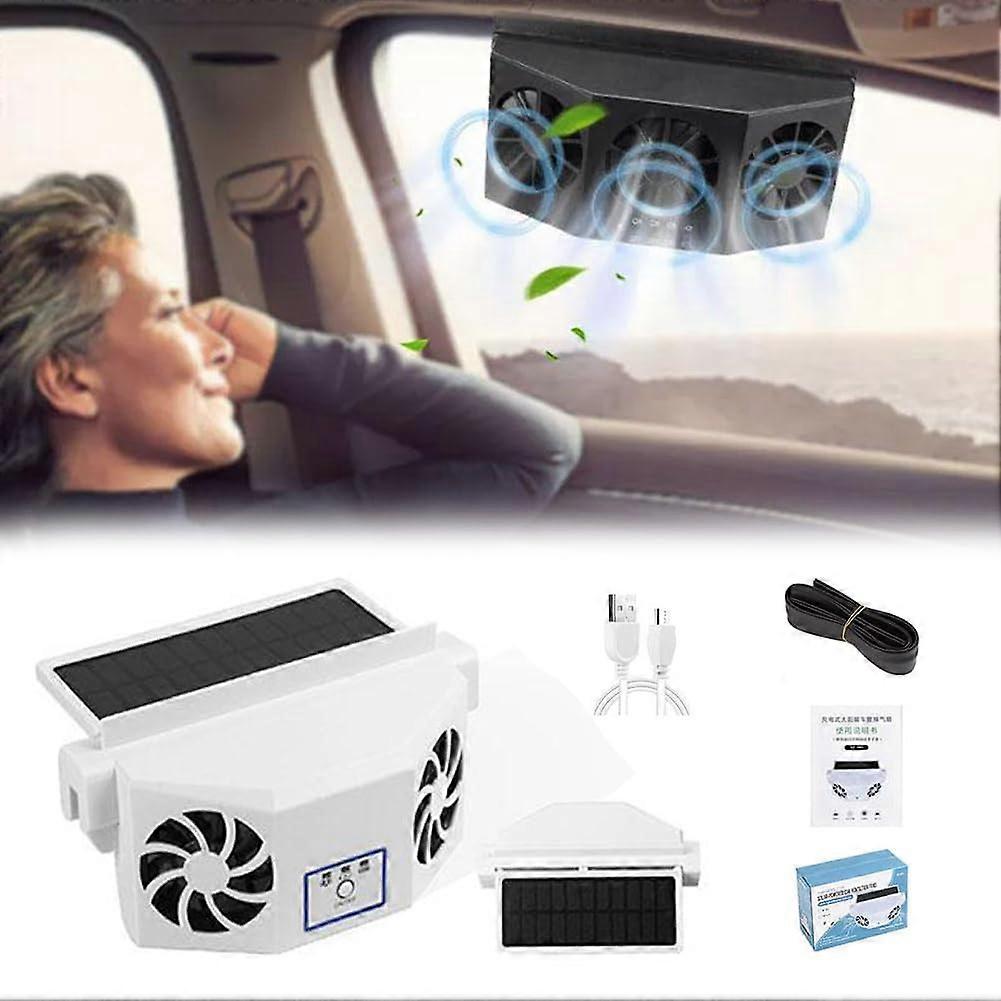 Solar Car Fan with Dual Airflow, 2024 Solar Powered Window Exhaust and Purifier, White