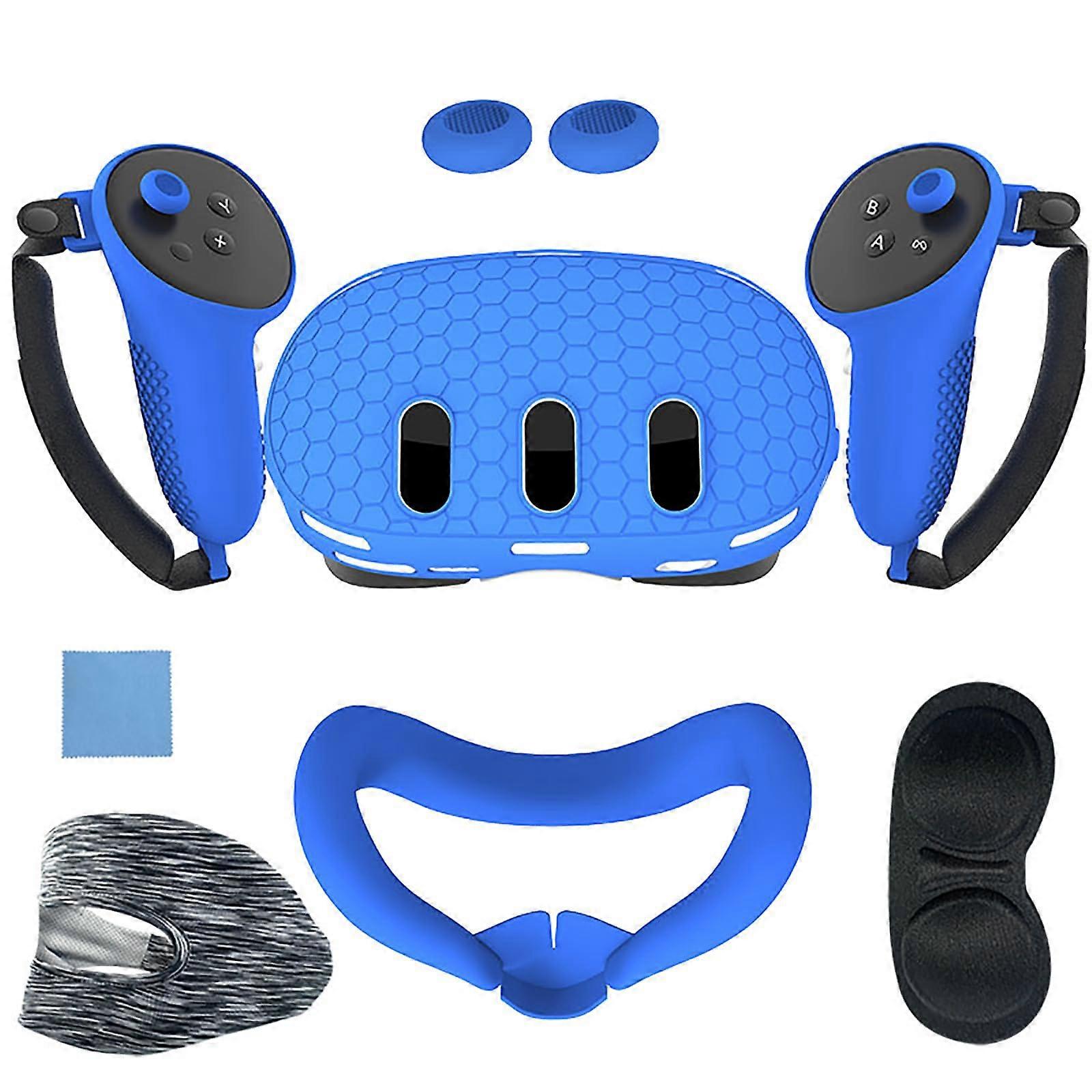 VR Headset Accessories 7pcs Set for Oculus Quest 2 with Silicone Cover Ergonomic Grips Face Kit Blue
