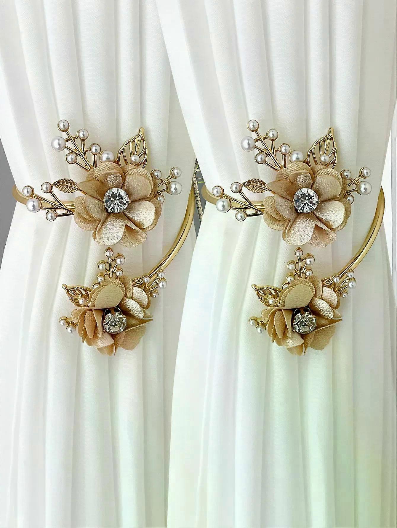 Flexible Alloy Curtain Tiebacks - Bendable Shape with Fabric Flower & Diamonds - Dual Function for Window Decor & Organization