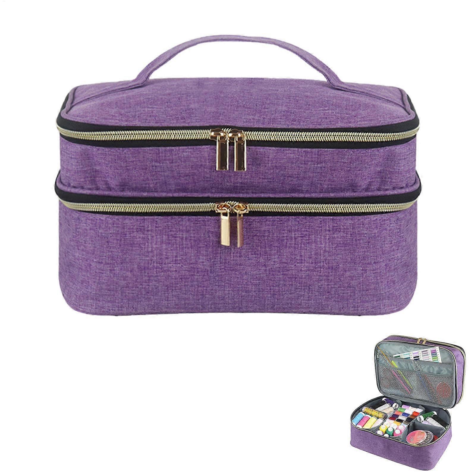 Large Capacity DoubleLayer Sewing Storage Box Organizer with Accessories Basket, Purple
