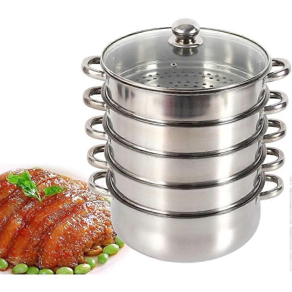 5-Tier Steamer with Lid, Polished Stainless Steel, Stackable, 28cm
