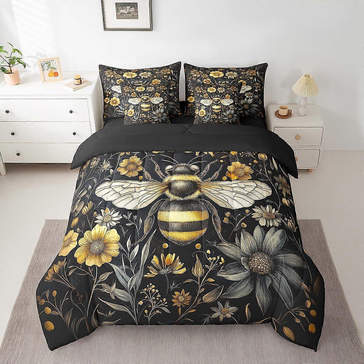 Bee Comforter Set Full Size 7 Piece Reversible Sunflower and Bee Bedding with Sheets