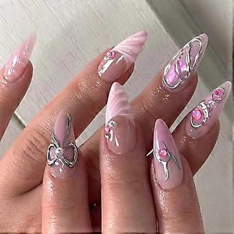 24 stuks 3D strik kunstnagel French Tip pers op nagel glanzende valse nagel amandelvorm stok op spijker voor feest