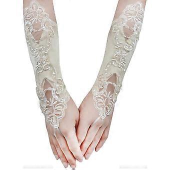 Guantes de satén sin dedos estilo años 20 para mujer, ideales para banquetes, fiestas, elegantes, con encaje bordado, manoplas nupciales, 28 cm (11 pulgadas), color champán.