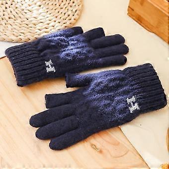 Men's Winter Touch Screen Wool Gloves - Korean Style Five-Finger Thick Velvet, Black.