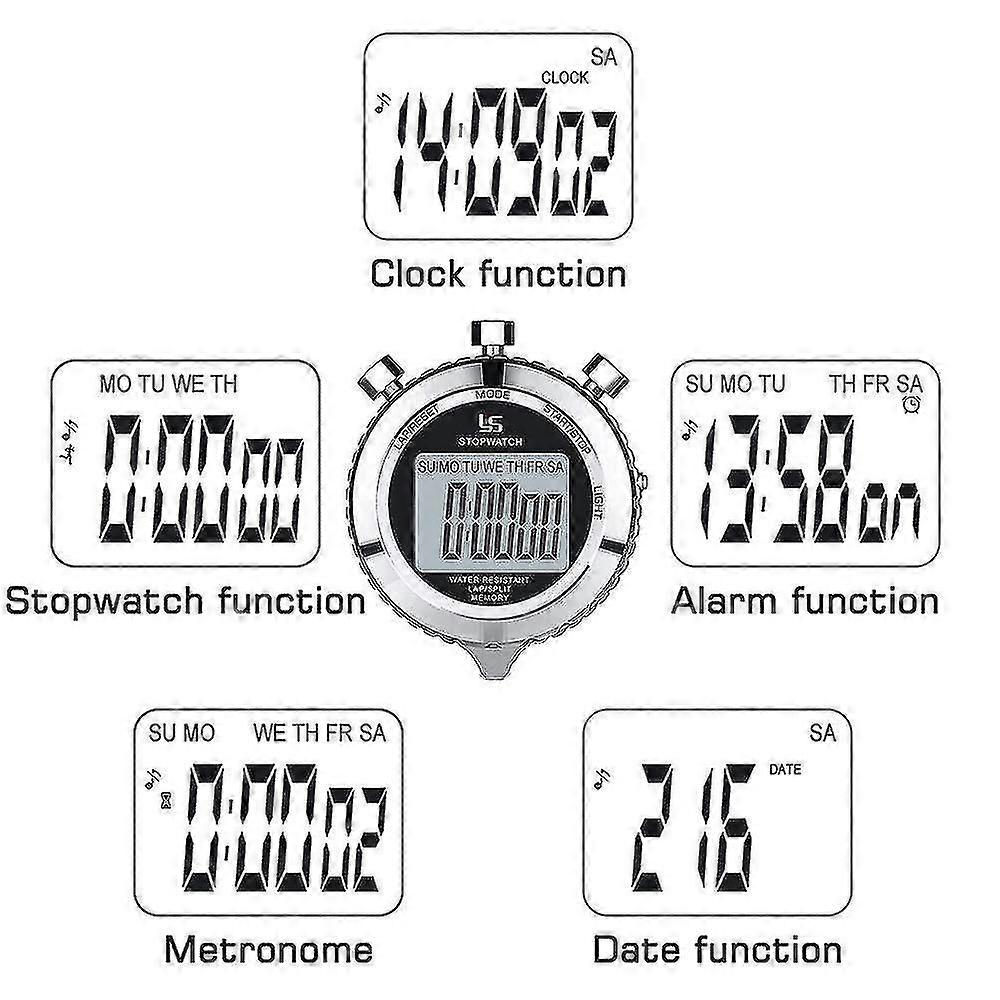 Metal Stopwatch,1/100th Second 2 Lap Memory, Clock Daily Digital Timer