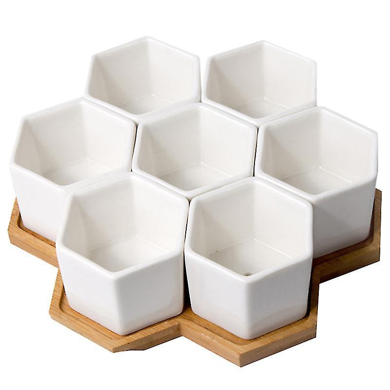 7X6.5cmホワイトポット&プランター1セットセラミックス植木鉢トレイ多肉植物プランターキャリア六角形植物