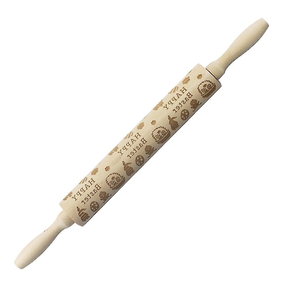 1pc Wood Rolling Pin Easter Themed Printed Rolling Pin Happy Easter Pattern Dough Pastry Roller Portable Easter Cake Noodle Baking Tool Practical Kitc