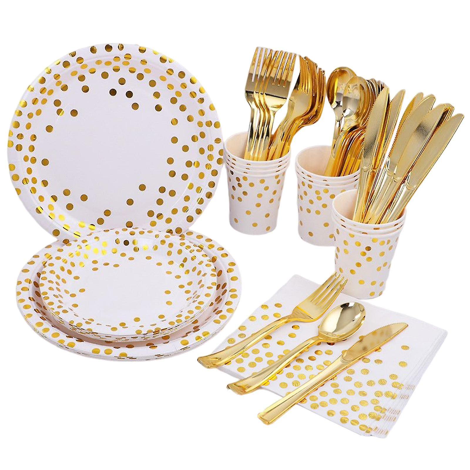 Seven Sets Decoration Supplies Disposable Tableware For Catering Events White And Gold