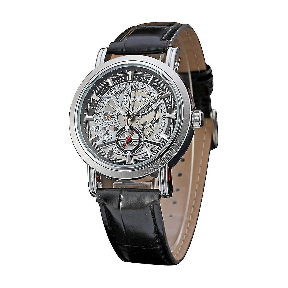 Winner Hollow-out Automatic Mechanical Pu Leather Strap Wristwatch (black+black)