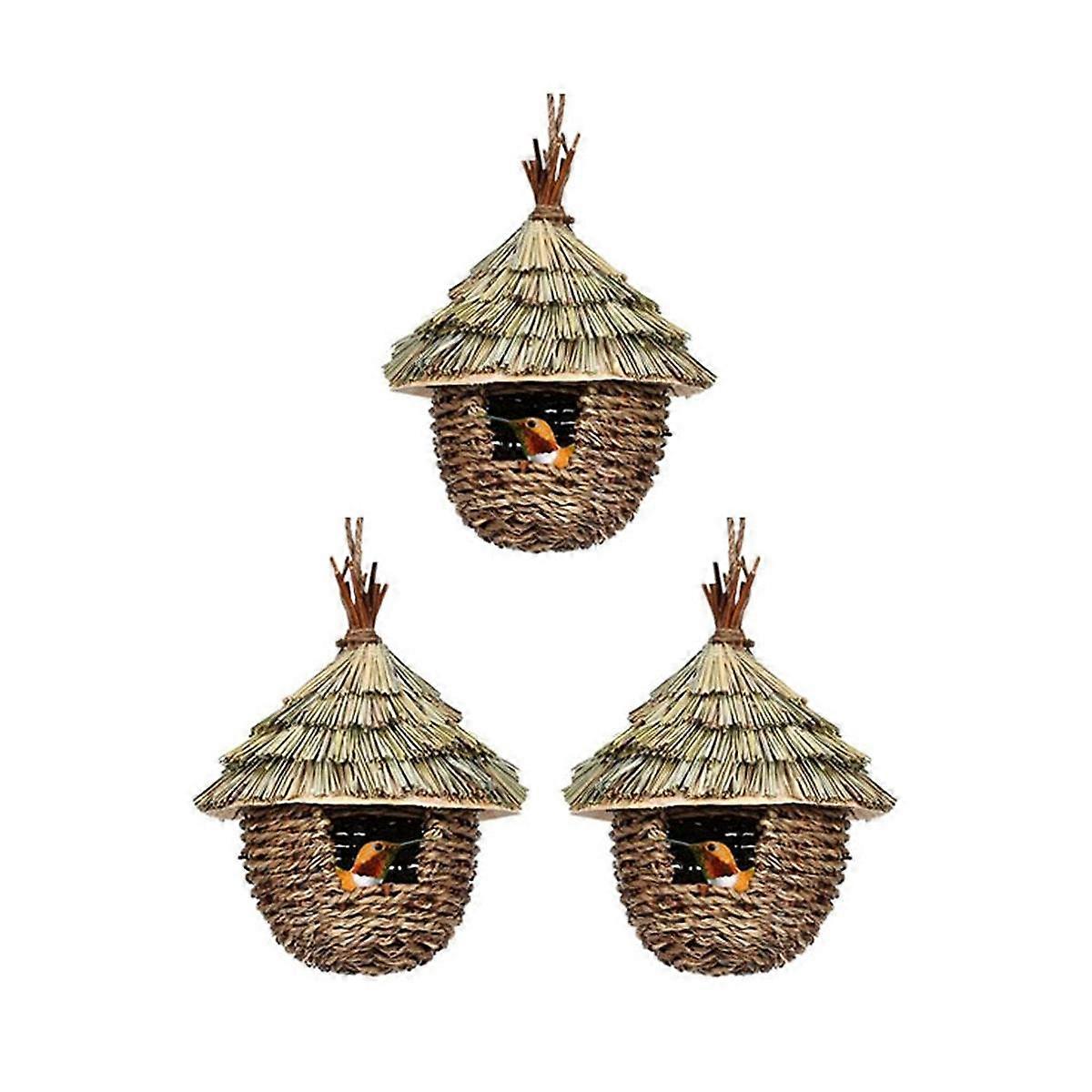 Bird House,3Pcs Hand Woven Hanging Humming Bird House for Nesting,Natural Grass Bird Nest for Garde
