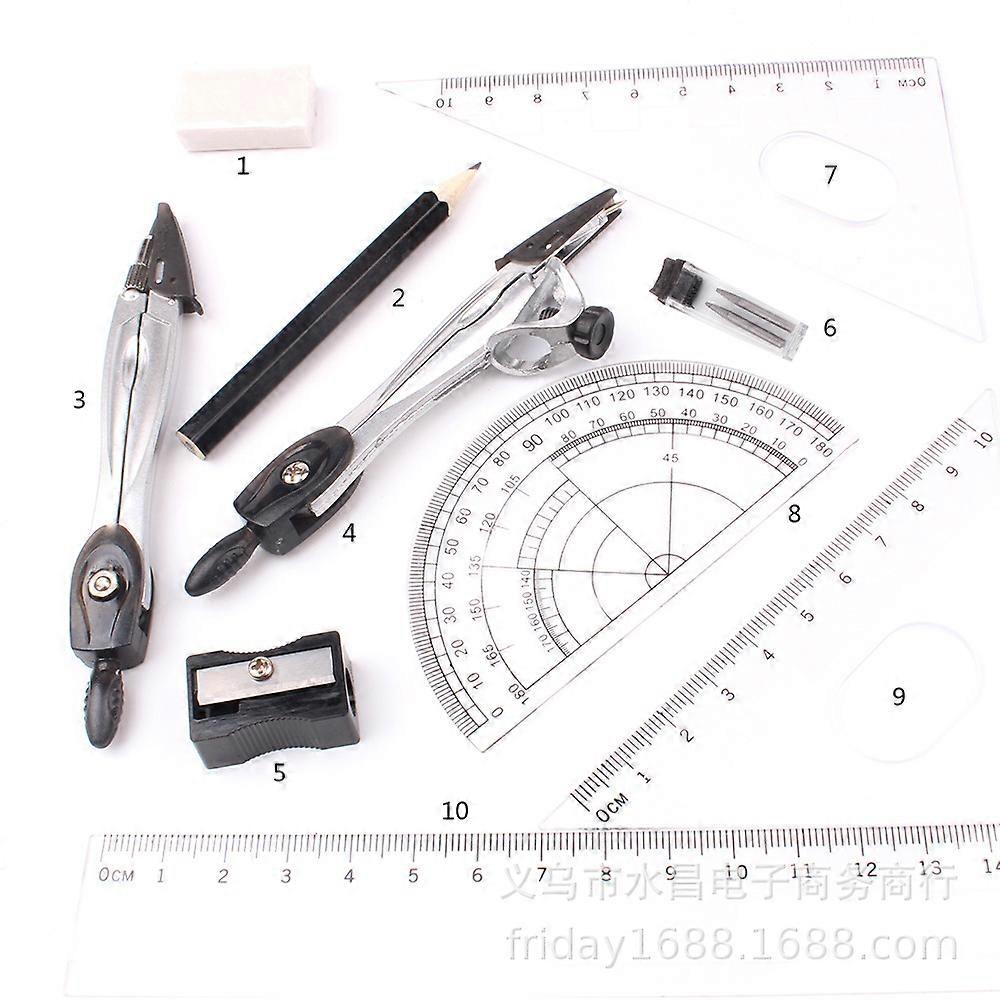 Math Compass for Geometry Set 10 Piece Student Geometry Box Includes Ruler, Squares, Compass and Protractor, Pencils, Eraser, Pencil Sharpener, Pencil