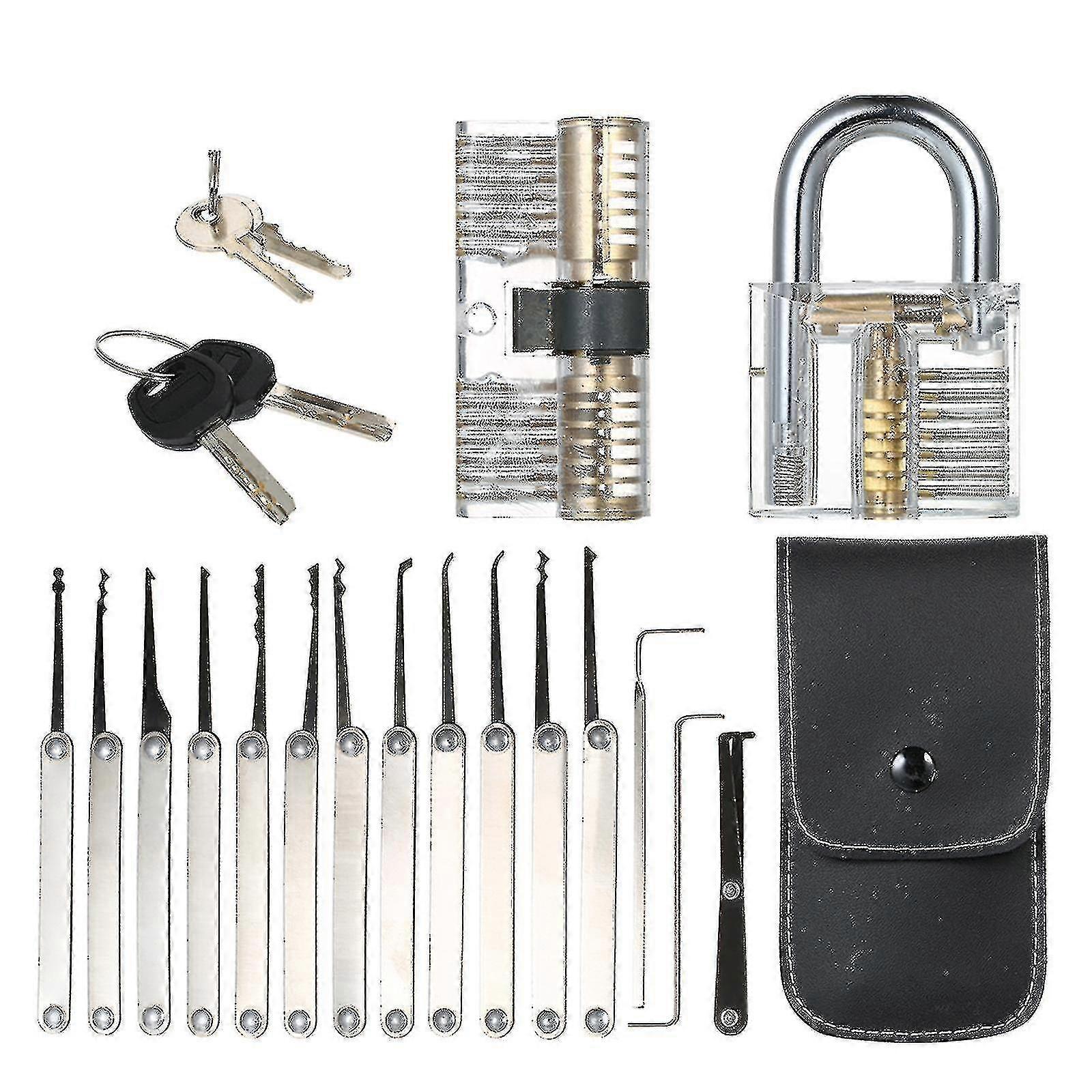 Transparent 15pcs Lock Picking Set Kit Tool With Two Transparent Practice Training Padlock Lock For Locksmith Beginners And Professional