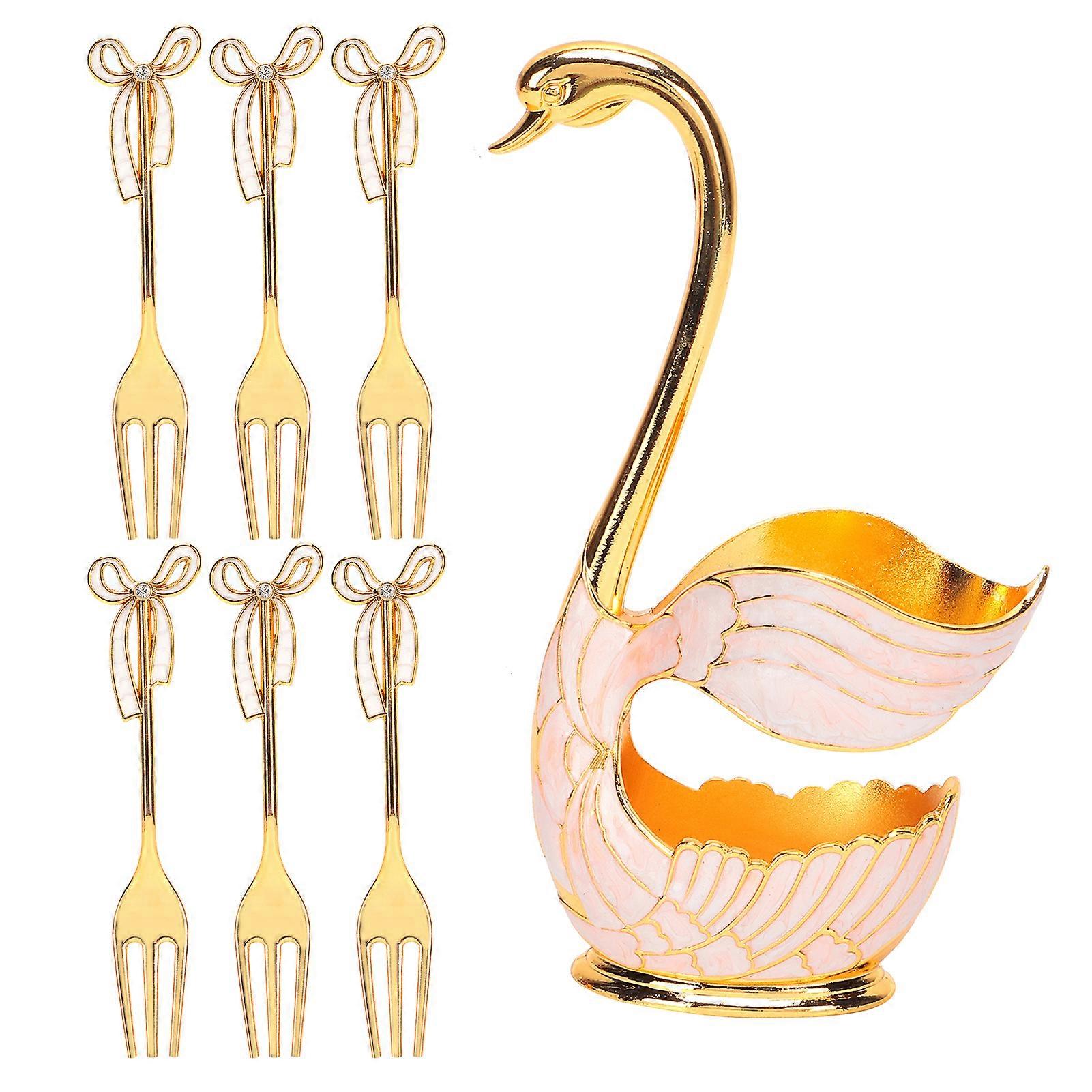 Tableware Sets Coffee Fruit Dessert Spoons Household Tableware with Swan Holder Decoration(Golden White Fork )