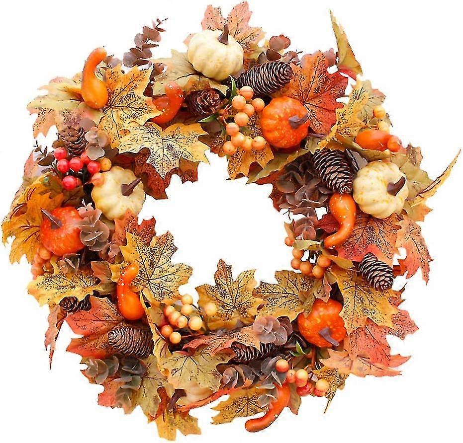 Artificial Fall Decoration Wreath For Front Door With Maple Leaf,acorn And Berries-halloween Wreath-outdoor Decor For Bedroom,wall Party And Thanksgiv