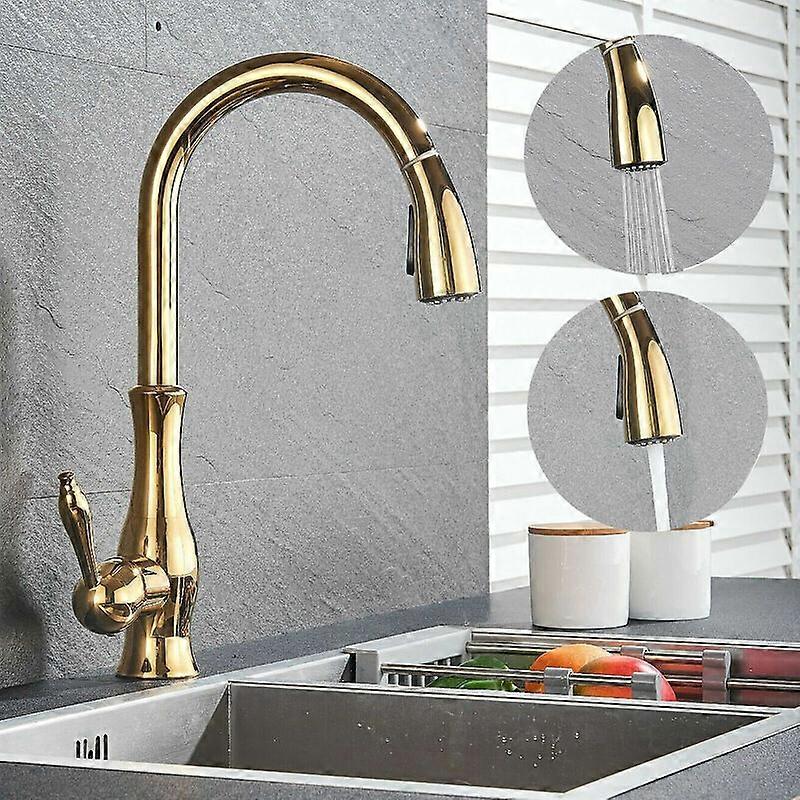 Kitchen Faucet with Gold Brass Spray,Extensible Sink Faucet 360 Swivel Spiral Spring Kitchen Mixer Tap with 2 Modes, Single Lever Cold and Hot Sink Mi