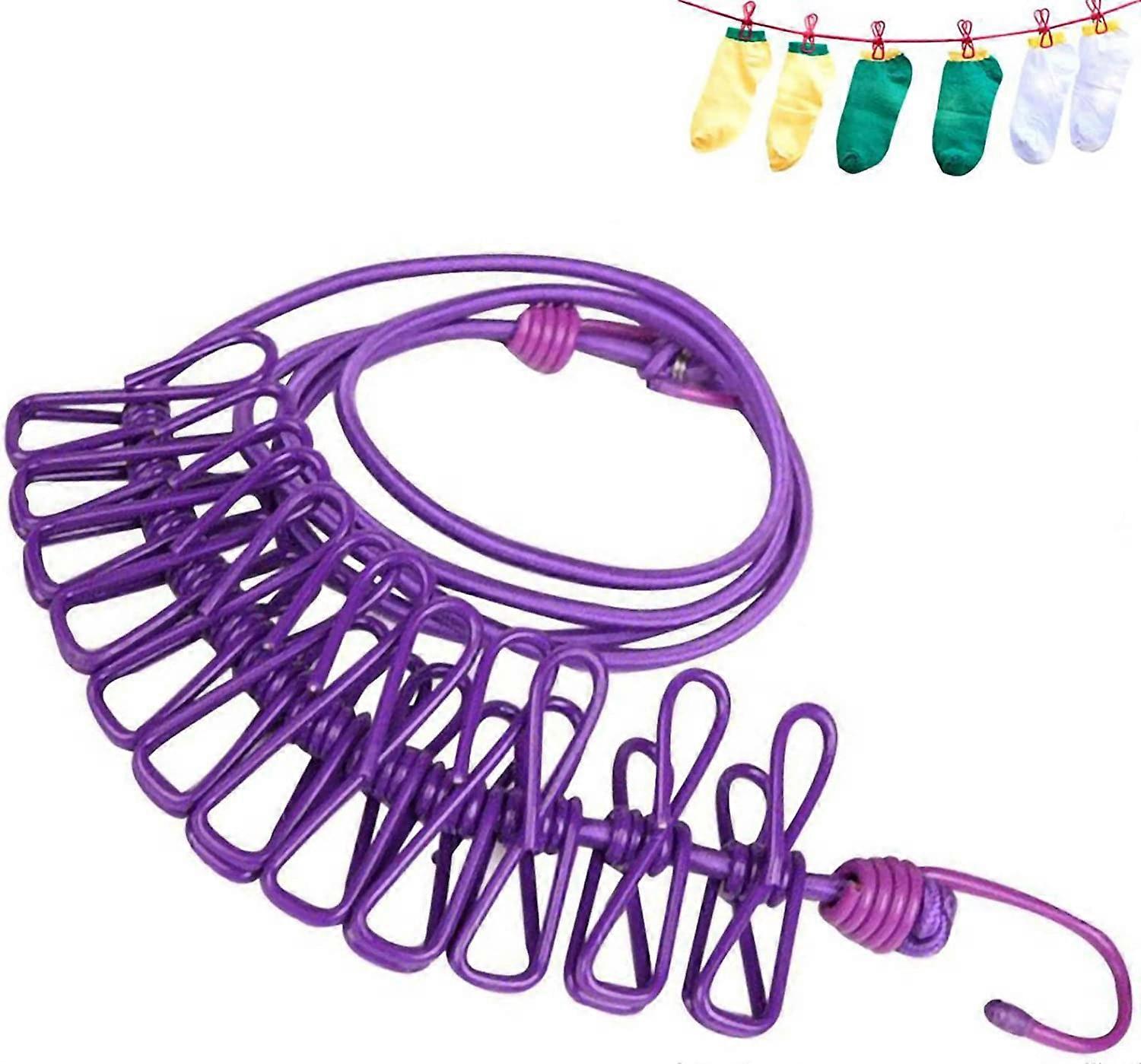 Outdoor Clothesline with Clips,2pcs Adjustable(Purple, Blue)