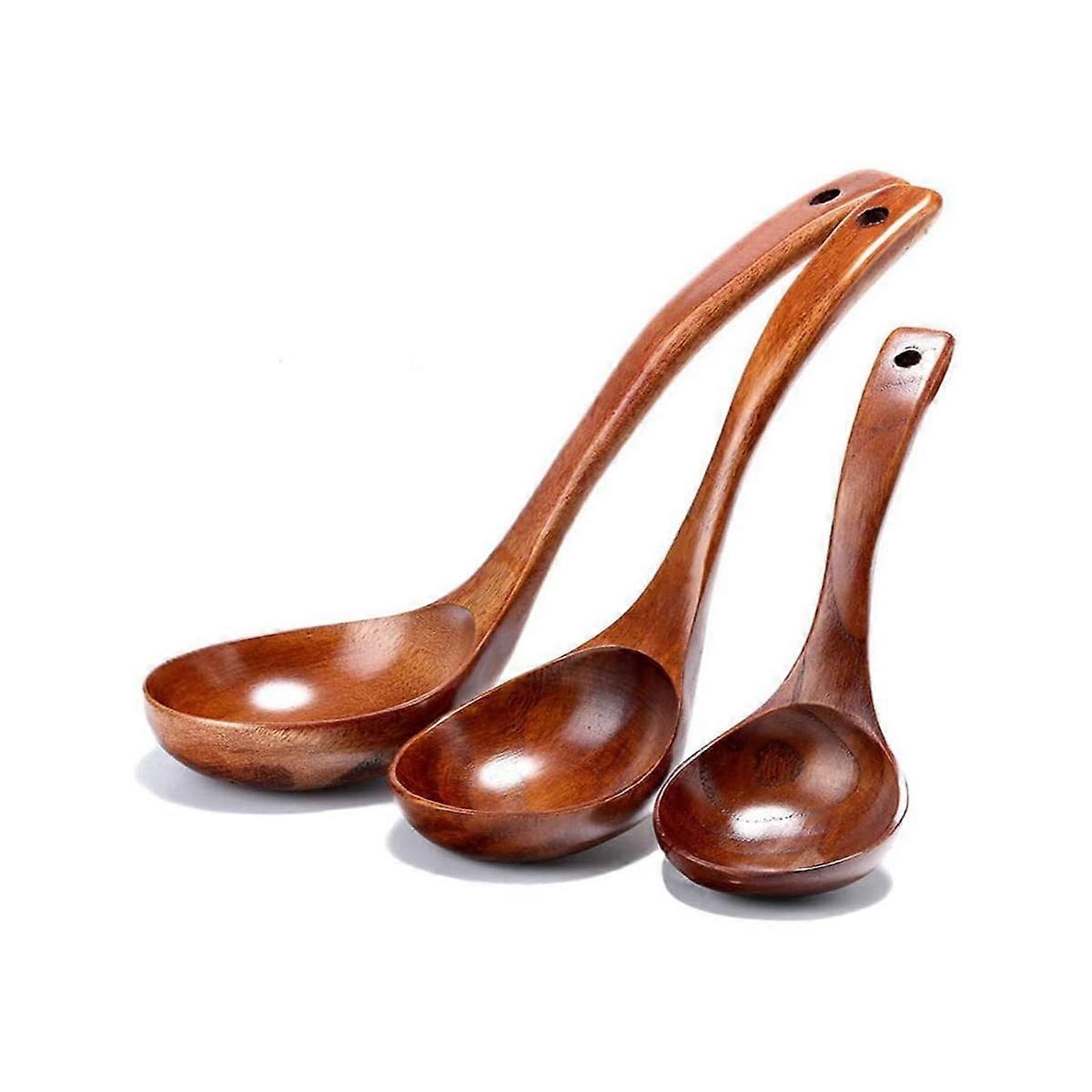 Wooden Ladle Spoon Set Long Handle Soup Ladle for Pot & Bowl Non-Stick Wooden Spoon Set for Cooking