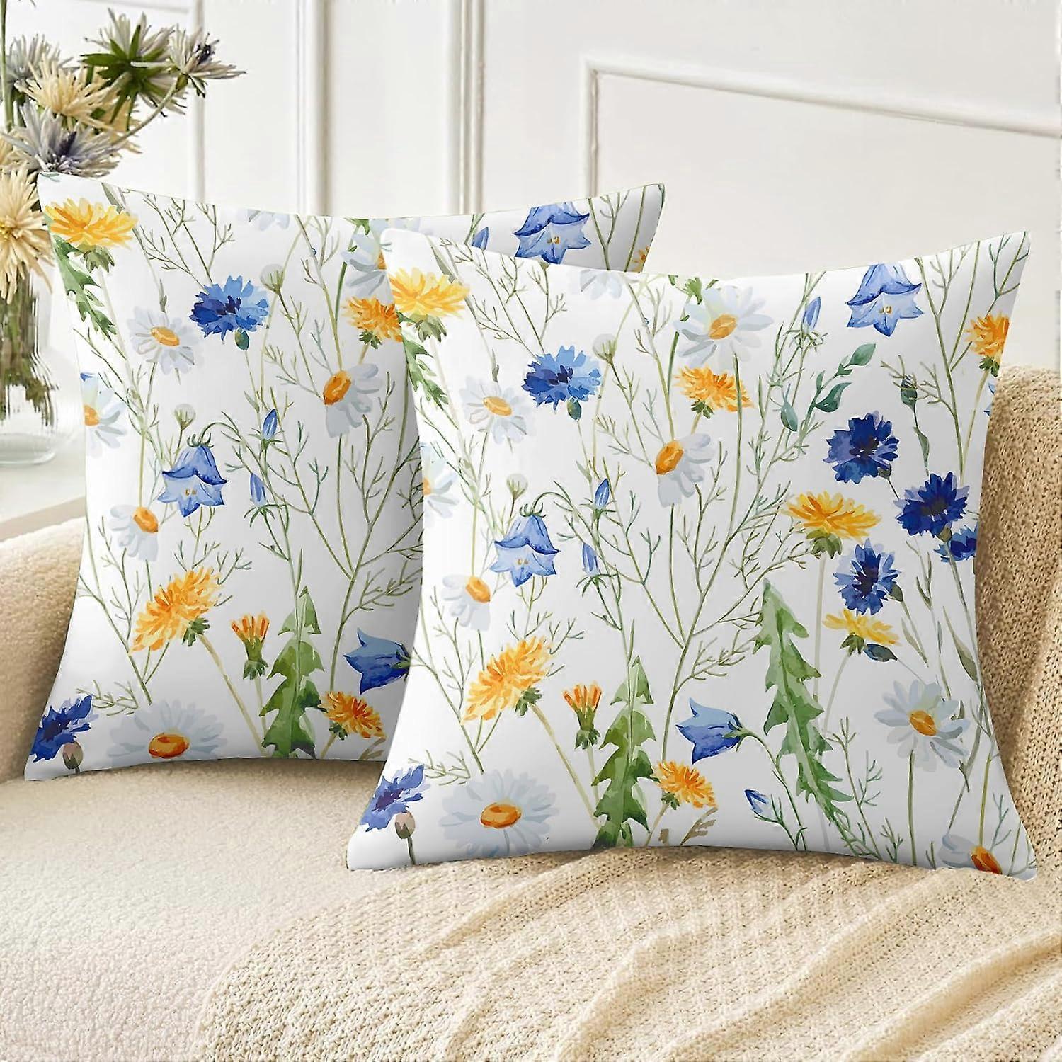春の枕カバー20x20インチ2個セット、柔らかく短いぬいぐるみ春の花青と白のデイジーパターン装飾ソファリビングルームベッドスクエア枕C