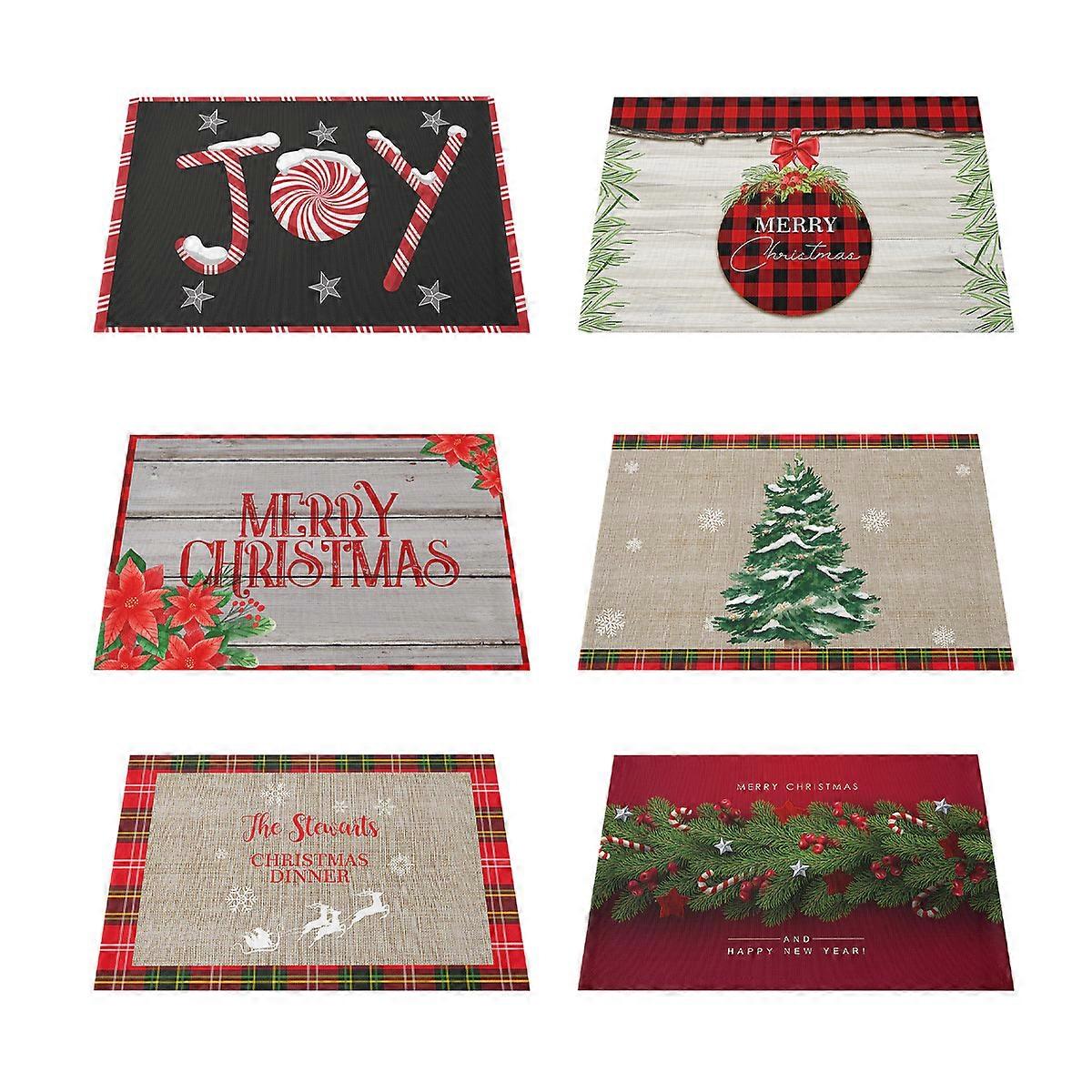 Placemats Set of 6,Xmas Red,Wipe Clean Linen Dining Table Mat Set,Heat-Resistant Table , Table Decoration