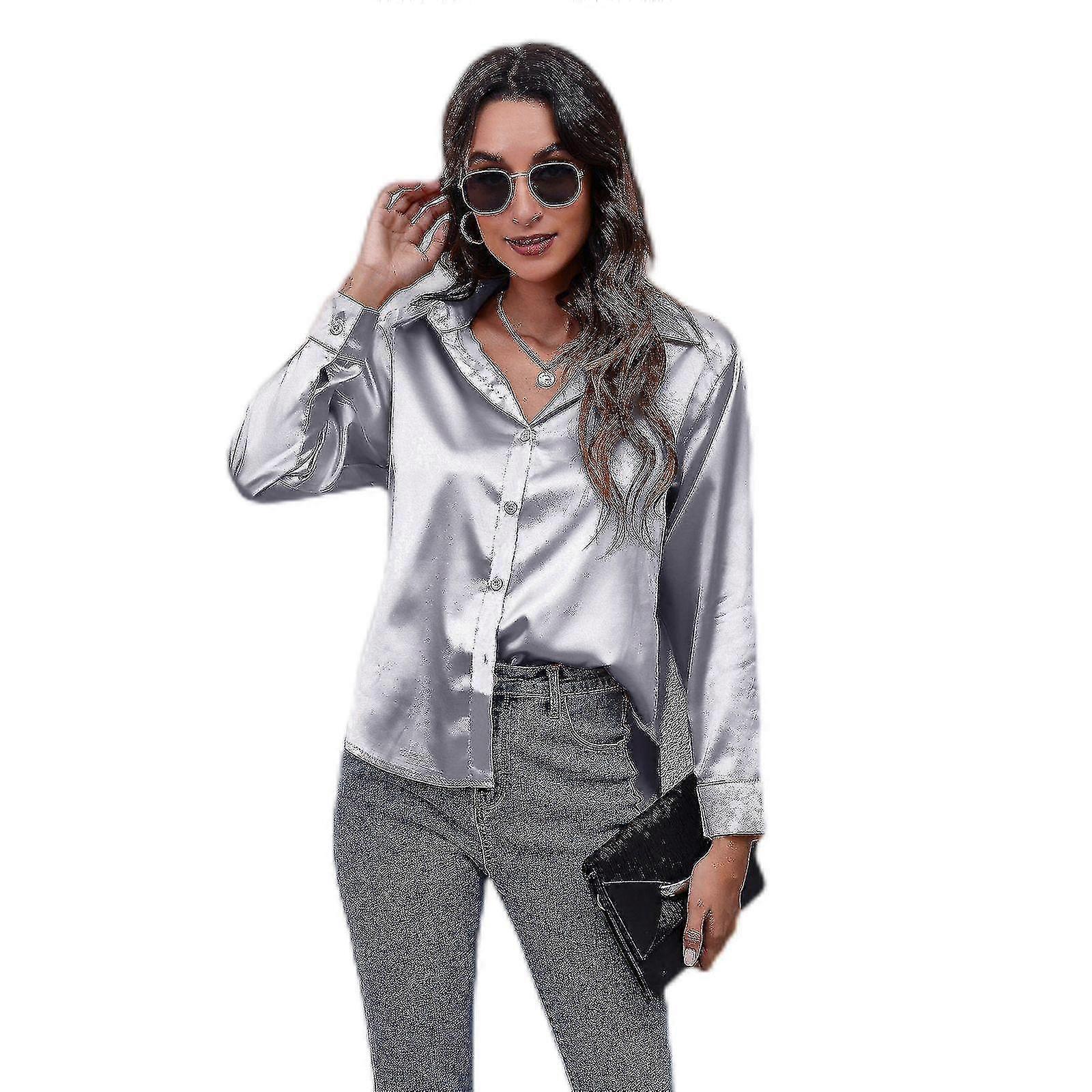 Blusa de mujer Satén Manga larga Botón Abajo Elegante cuello en V