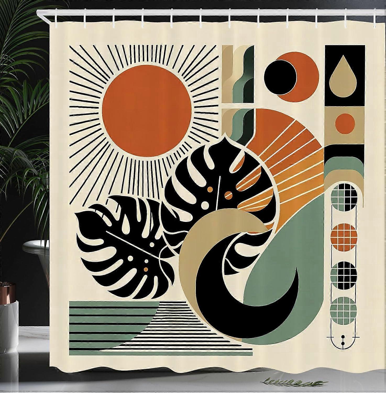 Monstera Shower Curtain, Geometric Shapes Sun Symbols and Nature Abstract Boho Mid Century Style, Cloth Fabric Bathroom Decor Set with Hooks,Cinnamon
