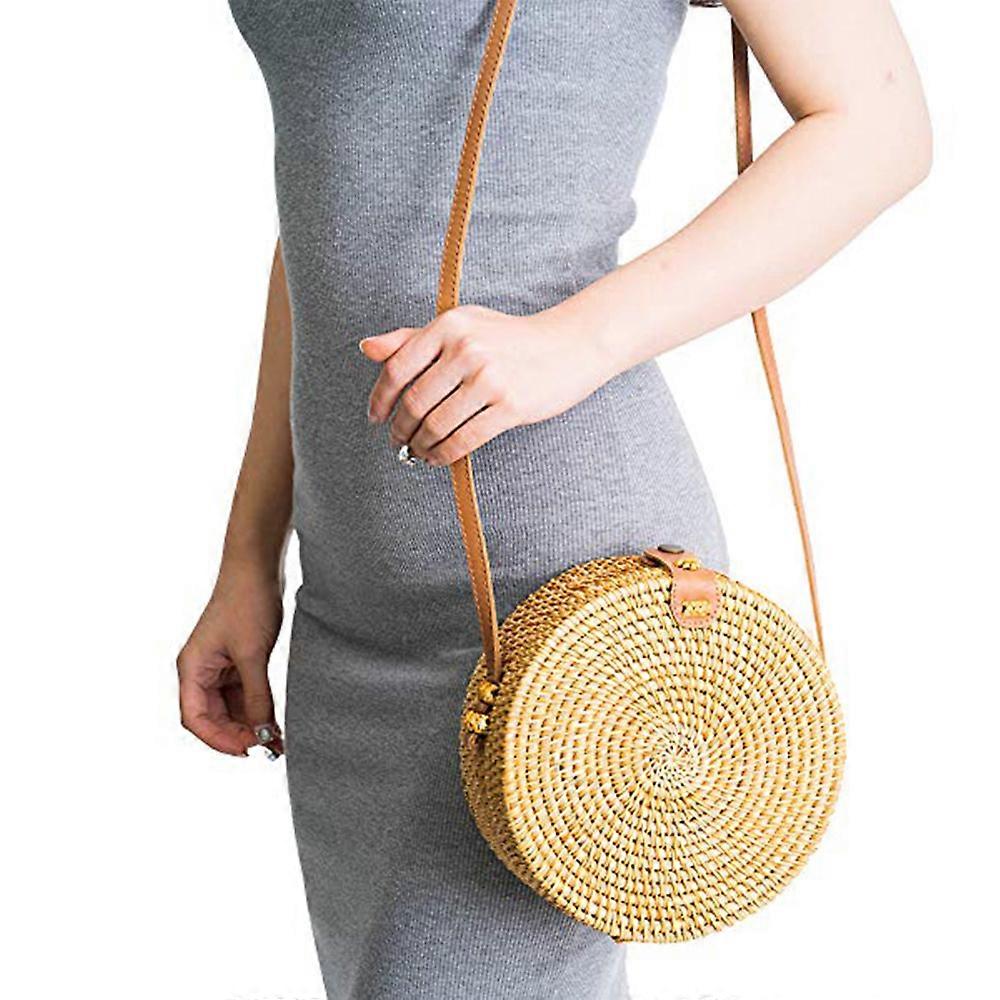 Fashion Handmade Bali Batik Round Rattan Straw Bamboo Bag Brown - Main Image