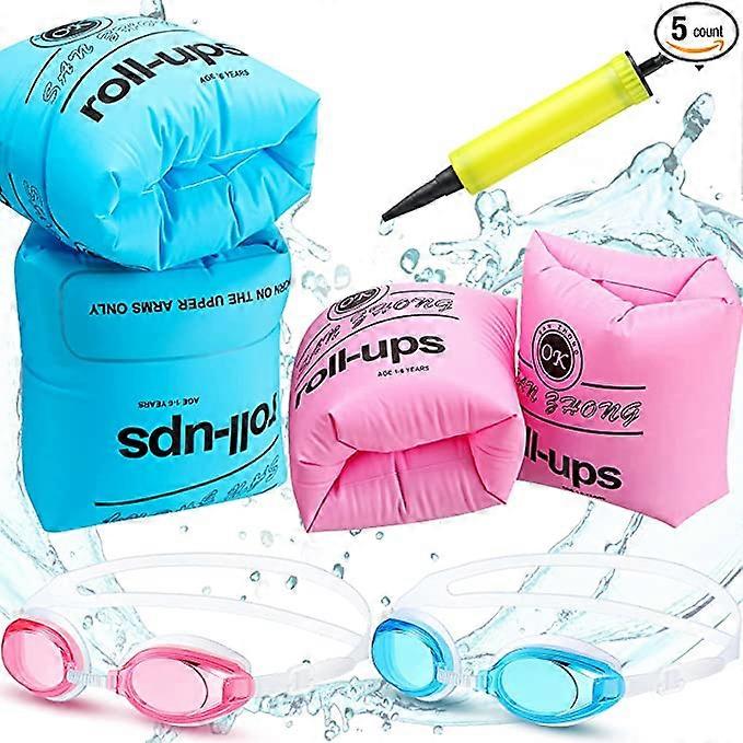 5 Pack Arm Floaties with Anti Fog Adjustable Kid's Swimming Goggles PVC Inflatable Arm Float Rings Arm Bands Toddler Children Swimming Gear Arm Swimmi
